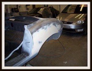 E Type Jaguar in paint prep